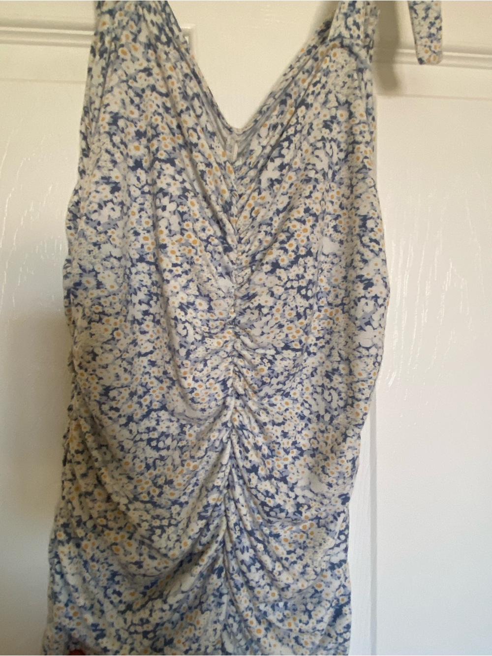Ruched Floral Midi Dress in Blue and Cream